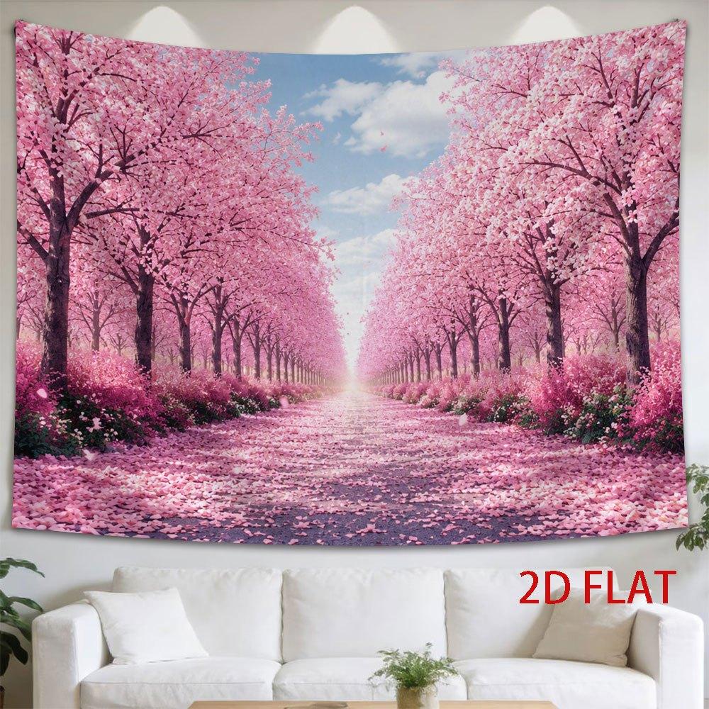 2D Flat, 1pc 2D Flat Tapestry Pink Cherry Blossoms Line a Serene Pathway Under a Bright Sky, Creating a Dreamy and Romantic Atmosphere Perfect for Hom