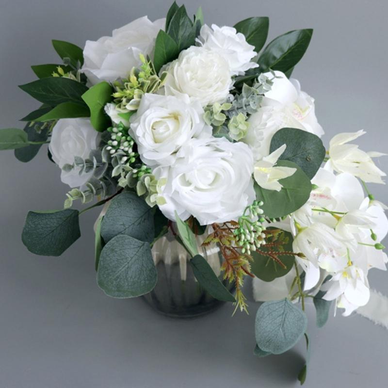 12“ Bouquet a Cascata Bouquet da Sposa per Sposa Rosa Bianca Orchidea Fiori Artificiali Bouquet da Sposa per Inverno Estate