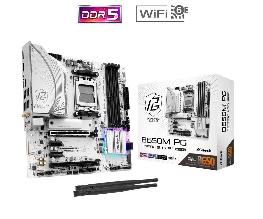 Asrock B650M PG Riptide WiFi White Compatible with AMD Ryzen 7000 Series CPUs B650 Micro ATX White Domestic Distributor Motherboard, (Socket AM5),