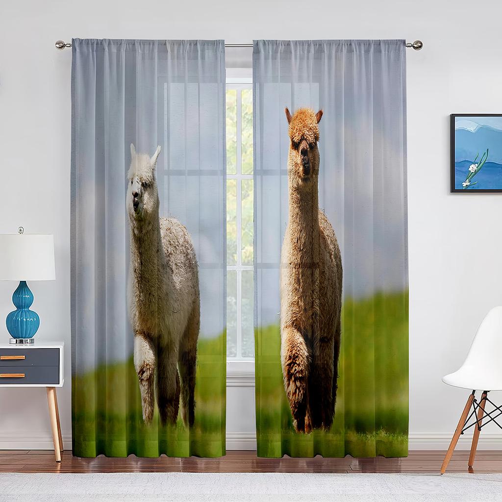 Cute Llama Alpaca Funny Animal Sheer Curtain for Living Room Voile Window Blinds Bedroom Tulle Drape Kitchen Curtains Decoration