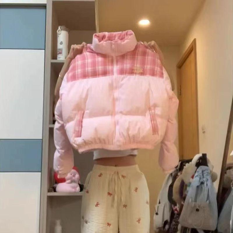 Womens Winter Puffer Jacket With Plaid Patchwork Design Thick Warm Short Coat Loose Fit Stand Collar Cotton Blend