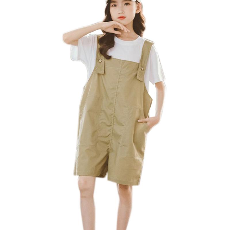 2 Pcs/set Children  Suit Cotton Solid Color Short-sleeve Top + Bib Pants Suit For 7-12 Years Old