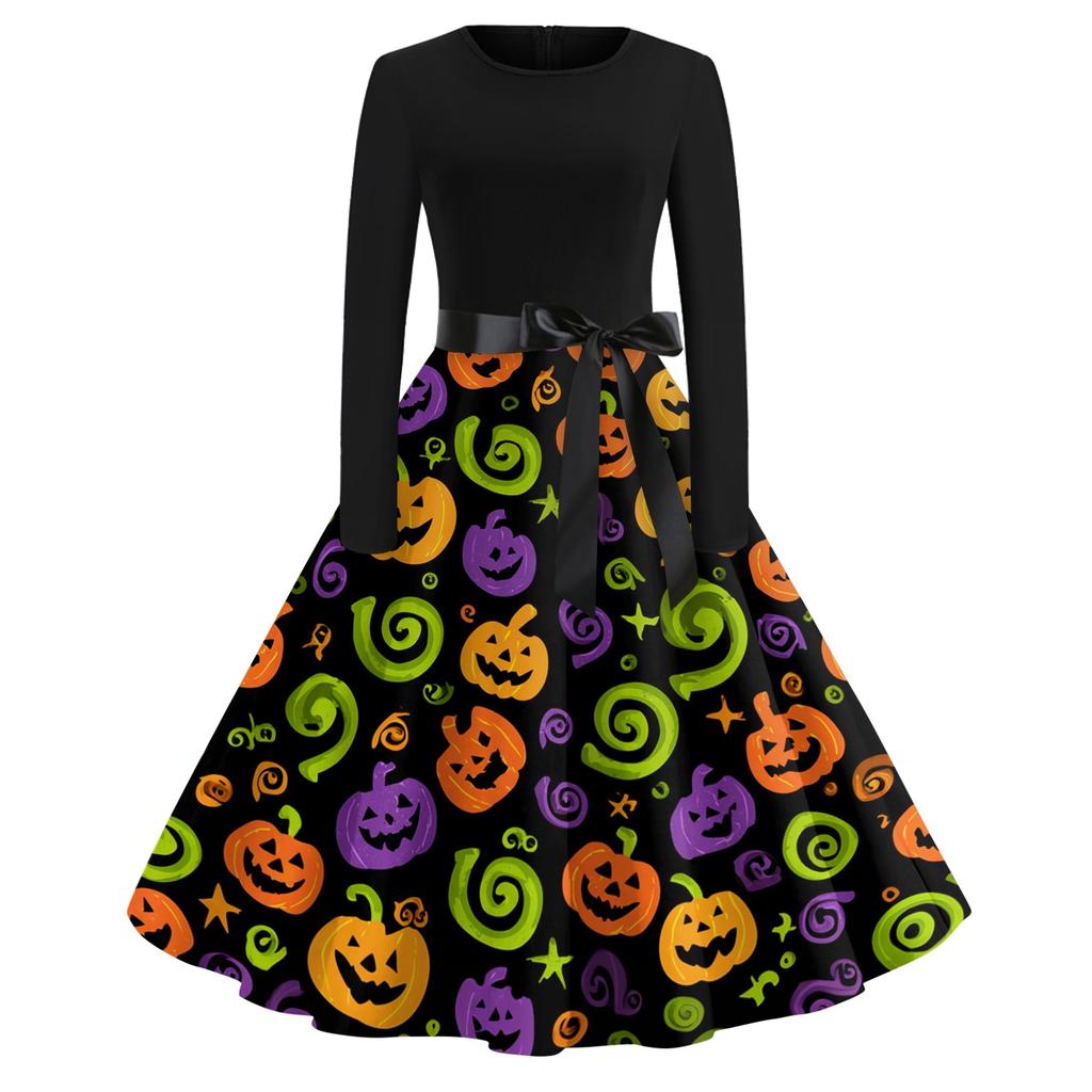 Women's Vintage Long Sleeve Round Neck Dress Halloween Printed Party Dress with Bow Waist Tie and Flared Skirt Suitable for Evening Events