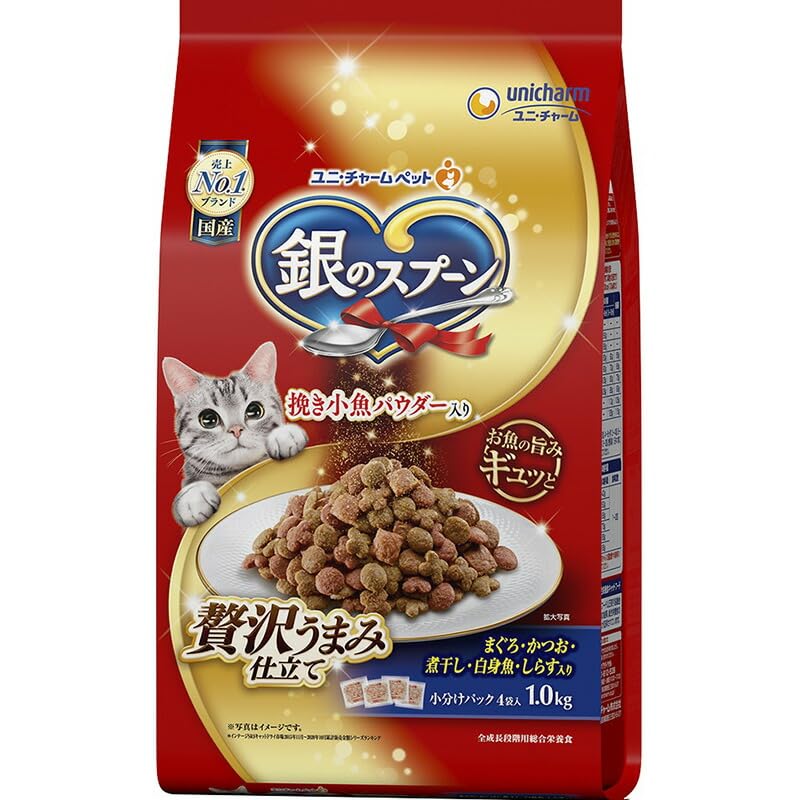 

Unicharm Silver Spoon Luxious Umami с добавлением сушеного белого корма для кошек (Оптовая закупка) Тунец, Бонито, Сардины, Рыба, 1,0 кг [x4]