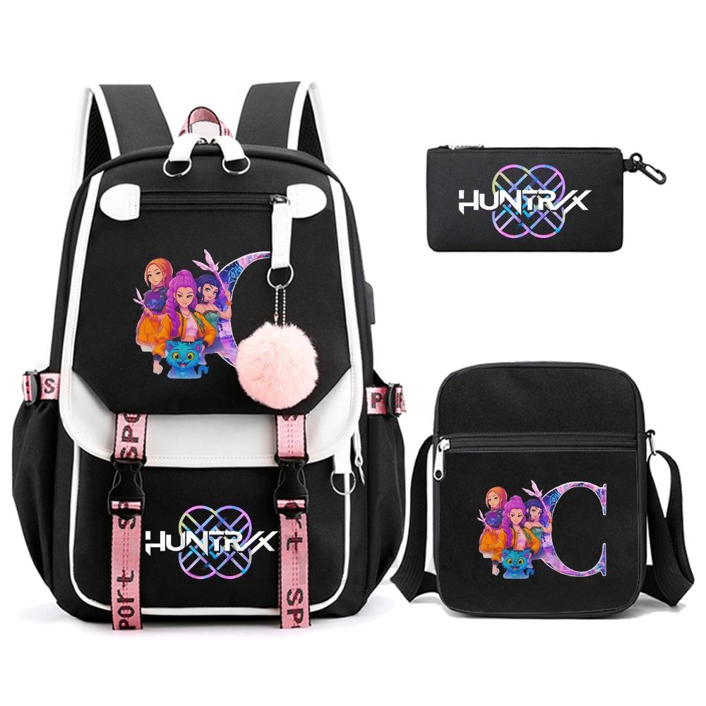 3Pcs/set Anime Cartoon 26 English Letter Printed Backpack with Shoulder Bag for Teenager Student Girl Boy Bookbag Large Capacity Travel Bag Kid Gift