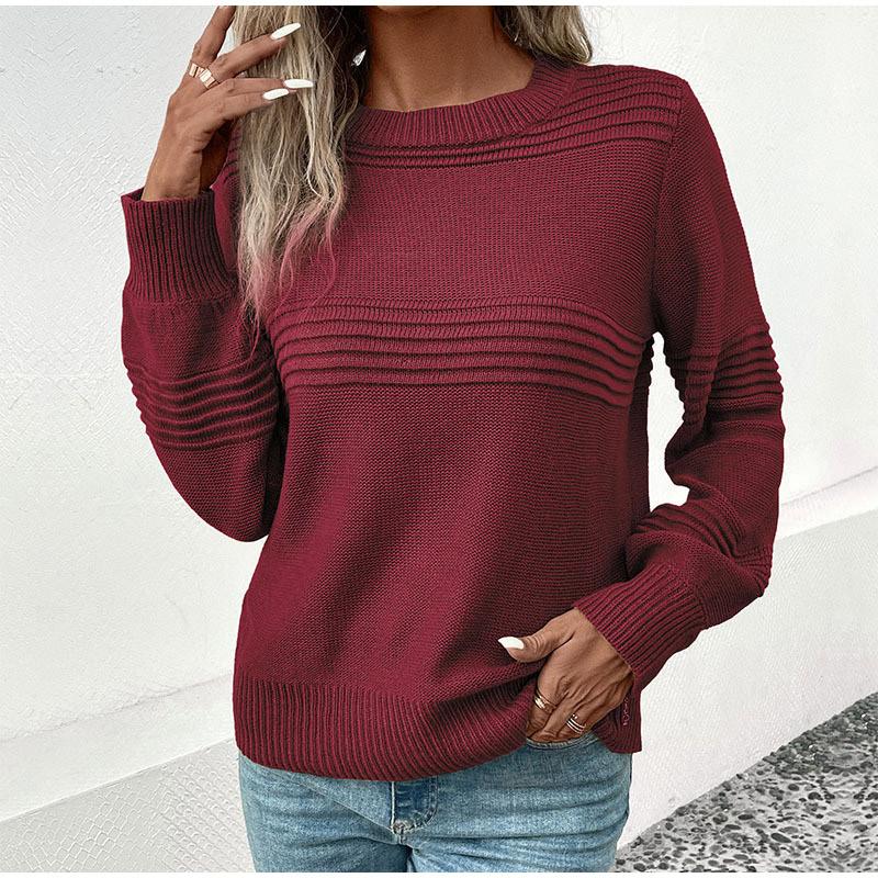 Autumn Casual Top Multi-Color Crew Neck Long Sleeve Jacquard Solid Color Women Sweater