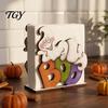 Funny Halloween Home Accessories Wood Napkin Holder, Vintage Rustic Dispenser Organizer, Spooky Ghost Holder Black Cat Boo Tissue Stand for