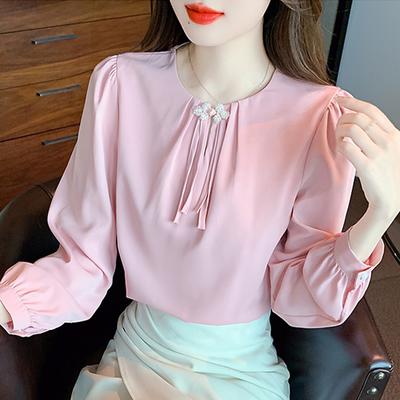 Fashion New 2024 Autumn Long Sleeve O-Neck Office Lady Pink Chiffon Blouse Shirt Women Tops Blouses Shirts J477