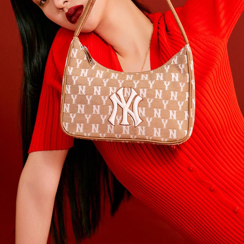 MLB Sports Old Flower Logo Full Mark Polyester Underarm Tote Shoulder Bag Regular Women bags Beige 3ABQS011N-50BGS
