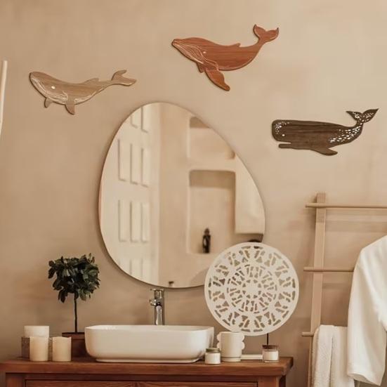 3 Pcs Wooden Whale Wall Art Nautical Whale Wall Decor Rustic Vintage Beach Ocean Wall Hanging Sculpture for Living Room Bathroom Bedroom Lake House