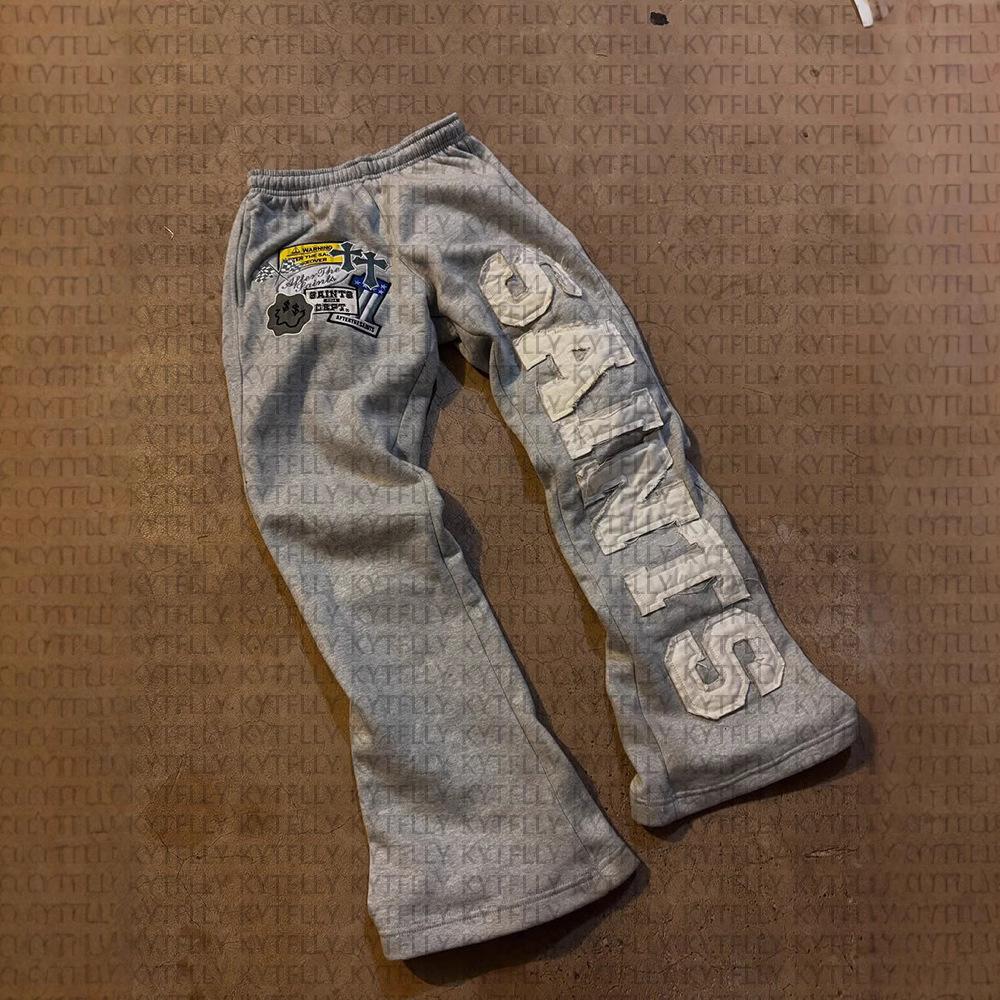 Completo Y2K da Donna a 2 Pezzi Felpa con Zip e Toppe Strappate Lettere Pantaloni Lunghi Dritti Streetwear Tuta