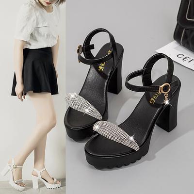 Women's Exquisite High Heel Sandals Summer Glitter Water Diamond Coarse Heel Mesh Sandals Fashion Versatile Casual Women's Shoes