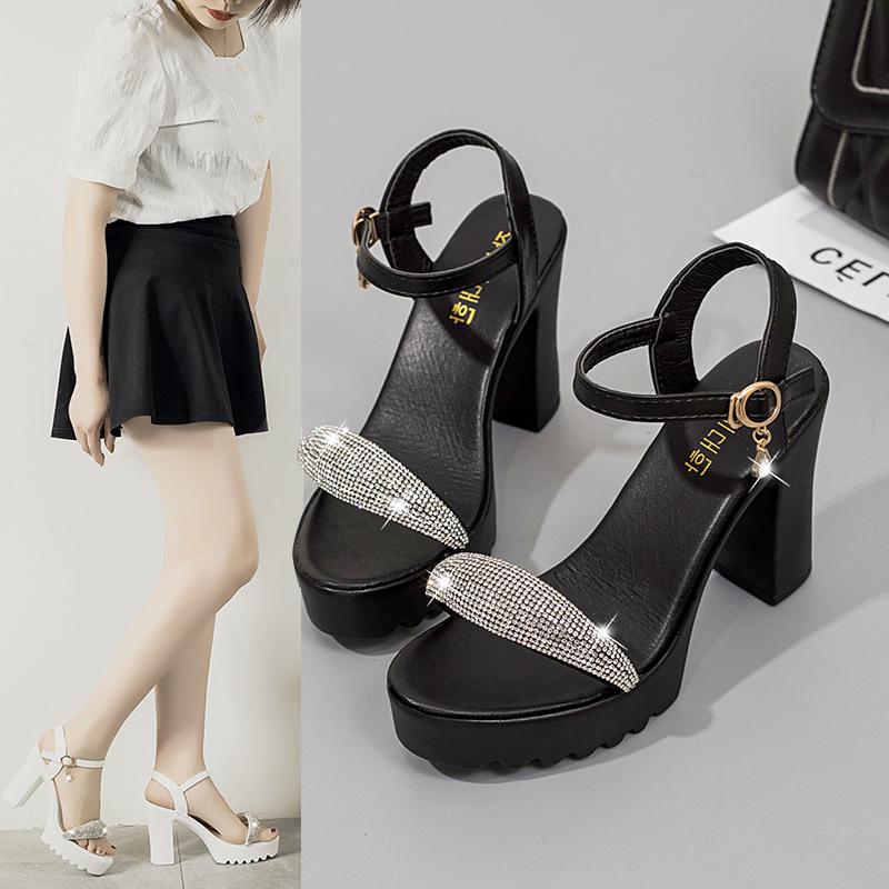 Women's Exquisite High Heel Sandals Summer Glitter Water Diamond Coarse Heel Mesh Sandals Fashion Versatile Casual Women's Shoes