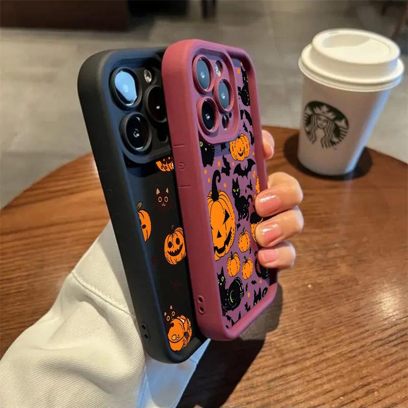 Halloween Cat Pumpkin Bat Silicone Soft TPU Phone Case for iPhone 16 Pro Max 15 Plus 14 13 12 11 17 Air 16E Shockproof Cover