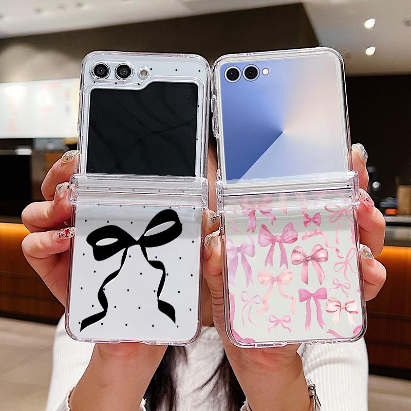 Pink Black Bowknot Pattern Phone Case For Samsung Galaxy Z Flip 7 FE 6 5 4 3 5G Folding Hard PC Clear Cover For Samsung Z Flip7