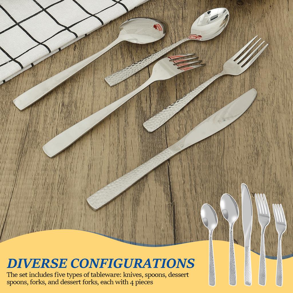 20 PCS Modern Hammered Flatware Utensil Set for 4 Stainless Steel Cutlery Silverware Set Includes Knives Forks Spoons for Home