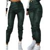 European & American Women's Slim Fit PU Motorcycle Pants with Zipper, Pleats, and Patch Pockets.