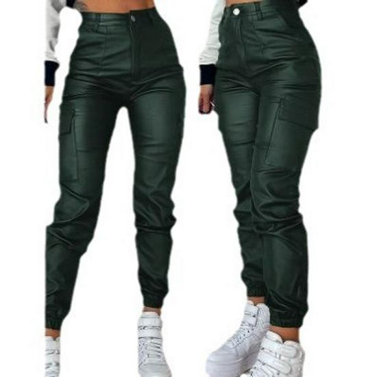 European & American Women's Slim Fit PU Motorcycle Pants with Zipper, Pleats, and Patch Pockets.