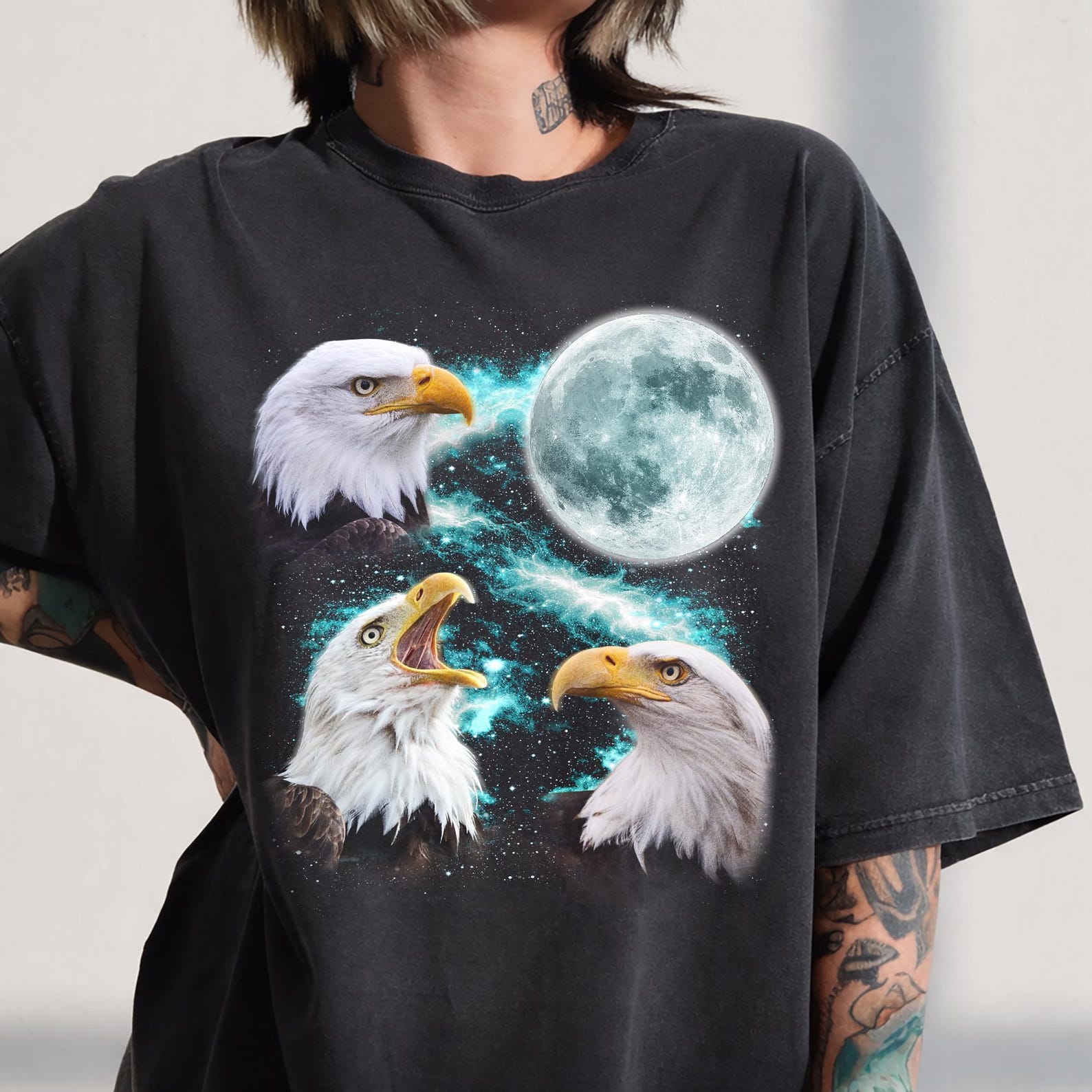 Three Eagles Howling Moon Graphic Tee, Vintage Eagle Lover Shirt 2XL