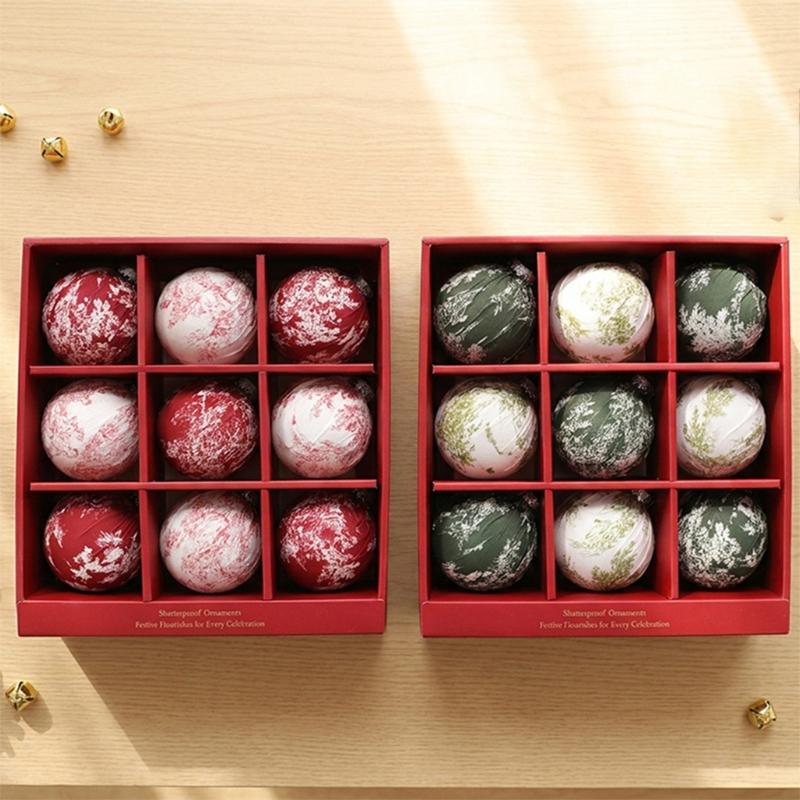 Holiday Tree Trim Set with 9 Fabric Covered Baubles, Patterned Hanging Accents for Wreath, Shelf and Window Styling