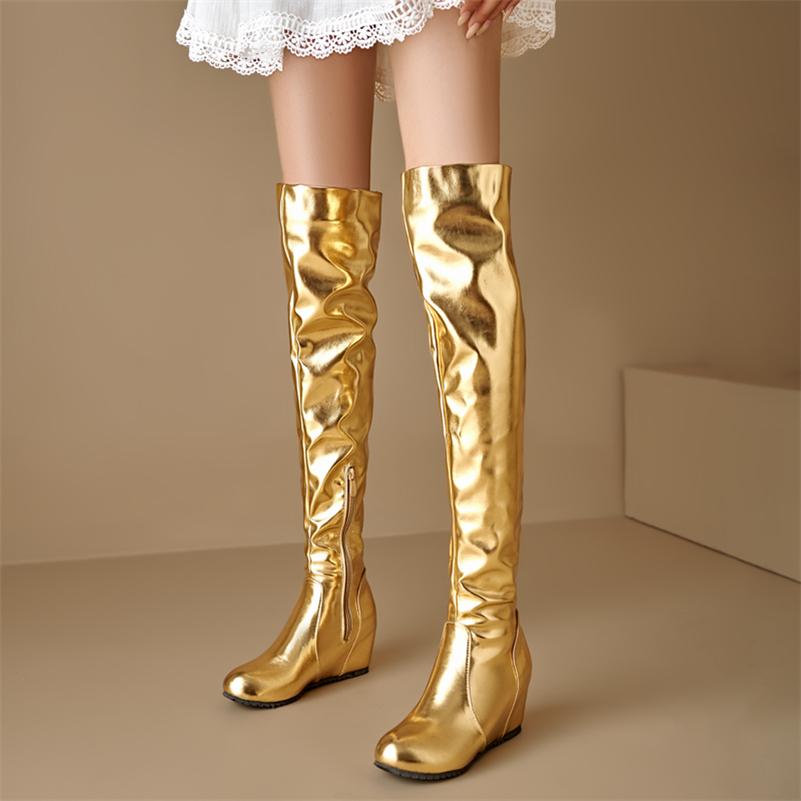 FOREADA Women Thigh High Boots Round Toe Height Increasing Pleated Zipper Metallic Long Boots Ladies Fashion Shoes Autumn Winter 43