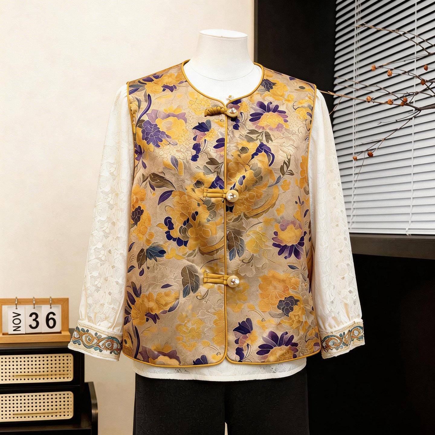 

2026 Spring Women’s Stylish Printed Vest Jacket for Middle-Aged & Elderly 2XL (120-135 lbs) жёлтый