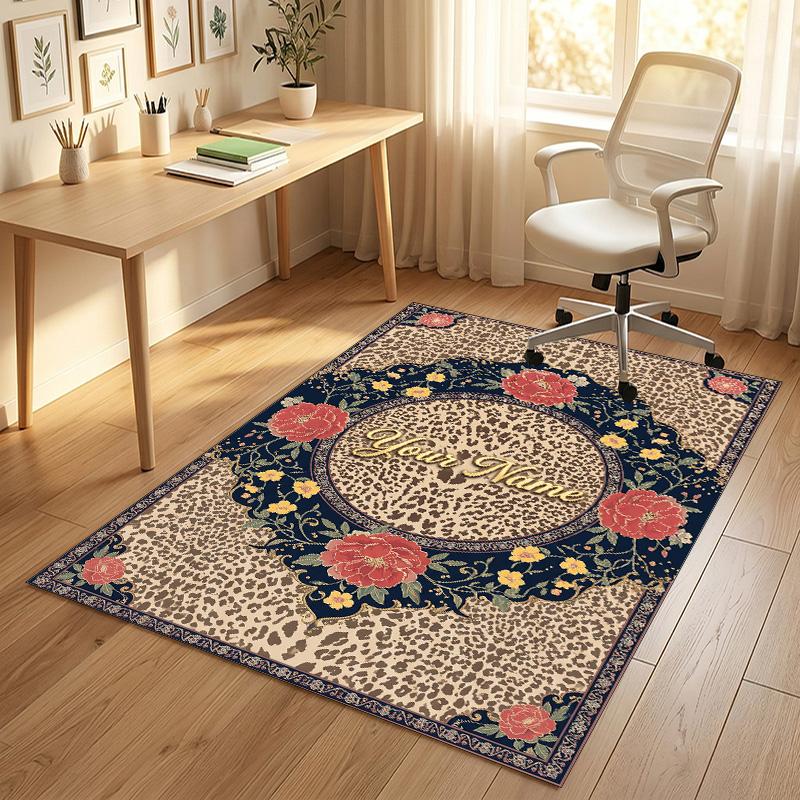 Leopard Floral Theme Soft Crystal Velvet Rug Custom Name & Text Print Non Slip Floor Rug for Bedroom Living Room