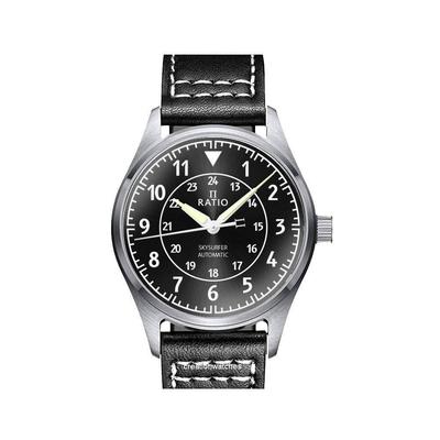 Skysurfer Pilot Automatik-Herrenuhr RTS314 200M mit schwarzem Sunray-Zifferblatt und Leder