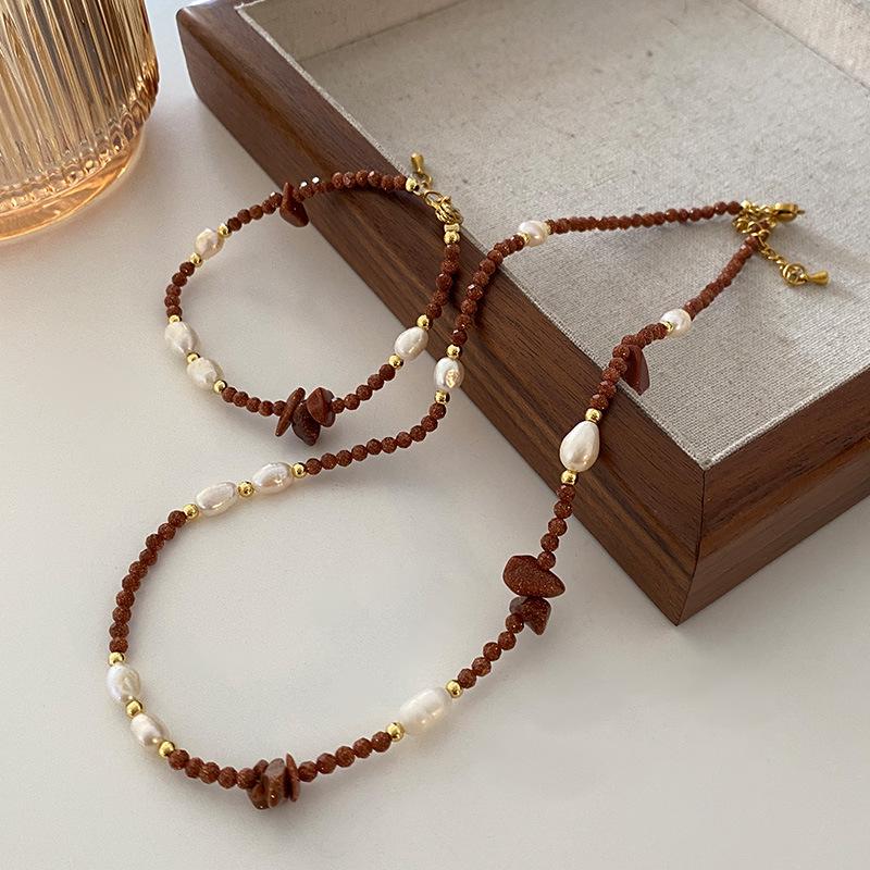 Ethnic Style Freshwater Pearl Necklace with Gold Sandstone Beads - High-End Sweater Chain Jewelry