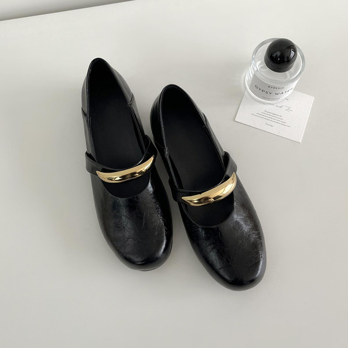 

Sheepskin version~ Round head retro metal buckle Mary Jane shoes inner height temperament one pedal shallow mouth ballet single shoes women 35