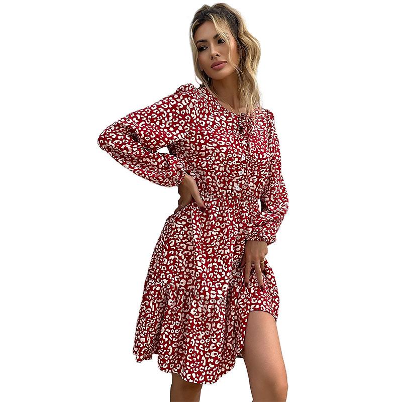 Temperament and Elegance Outer Wear Vintage Women's Printed Short Dress Round Neck Long Sleeve Red Dresses