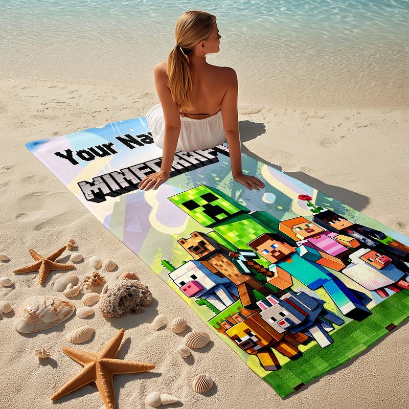 Custom Name Minecraft World Stylish Digital Printing Beach Towel Quick‑Drying Absorbent Blanket for Beach Pool Gym Travel