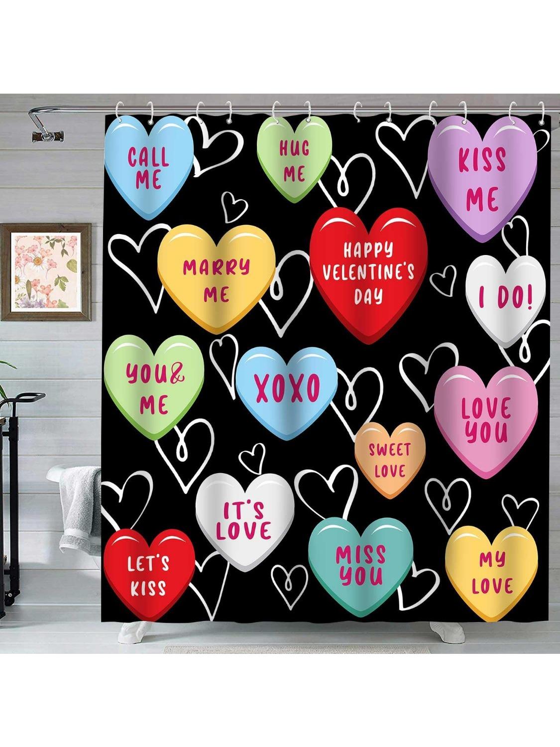Happy Valentine Day Cute Shower Curtain for Girls Love Me Kiss Me Red Black Love Hearts Romantic Shower Curtain Set Decor 90x180CM