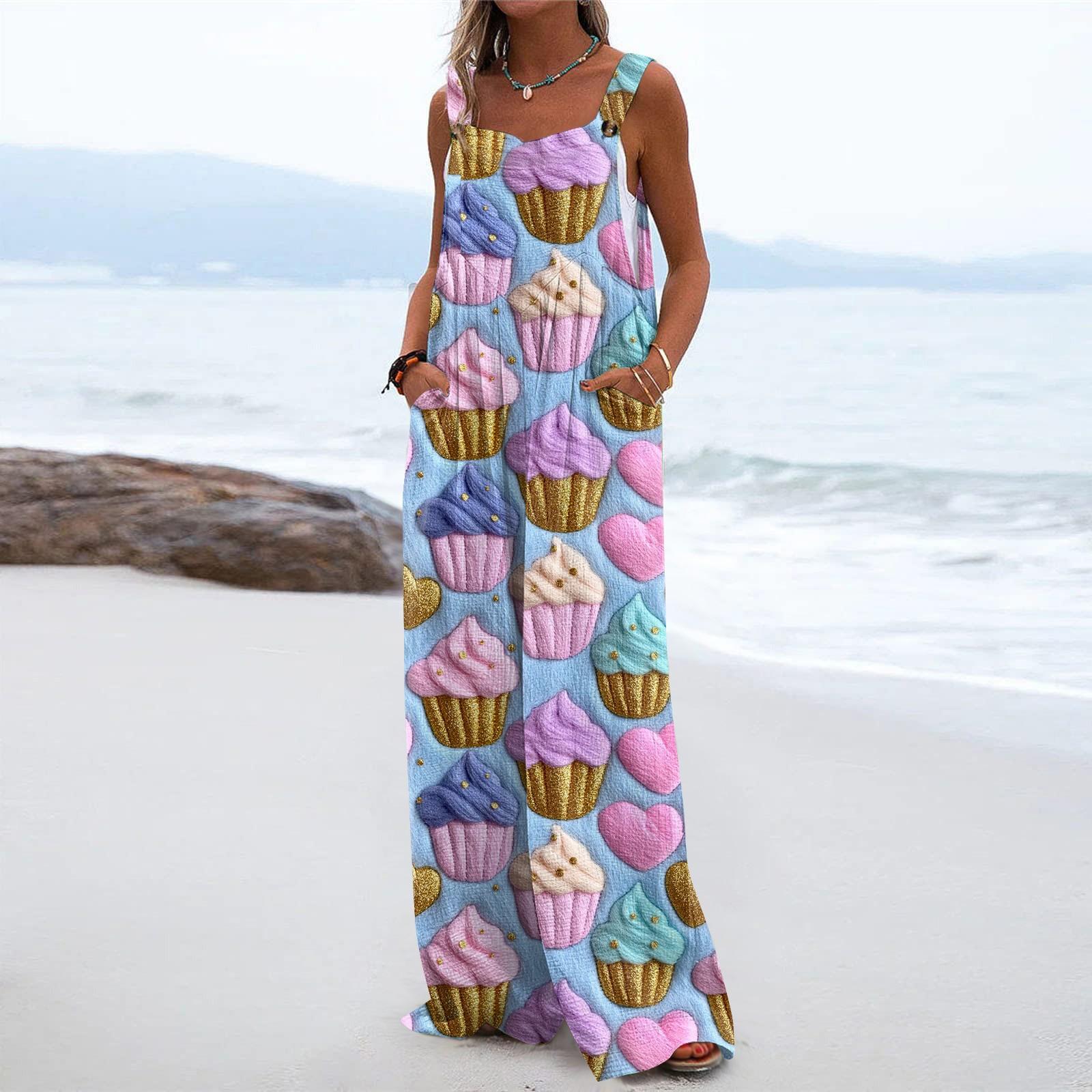 

Широкий комбинезон для женщин, повседневный свободный комбинезон без рукавов с принтом и пуговицами, длинные брюки, комбинезон с карманами L