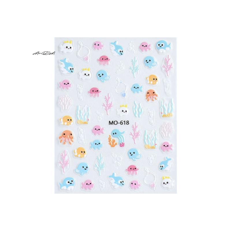 3D Summer Cartoon Nail Stickers Embossed Starfish Octopus Coral Sea Beach Theme Nail Decals for Nail Art Decoration