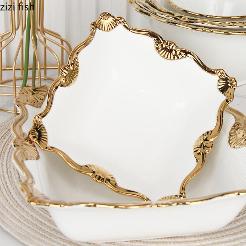 Ceramic Gold Edged Dining Plate Fish Plate Steak Plates Pasta Dish Fruit Dish Salad Bowl Soup Bowl Dessert Plates Coffee Cup Mug