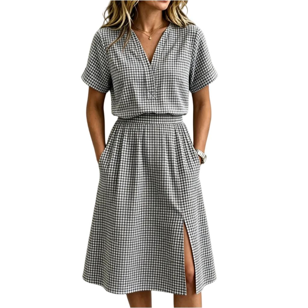 Women's Plaid Two-Piece Outfit, Short Sleeve Button Top with Pocket and Matching Skirt, Summer Casual Set