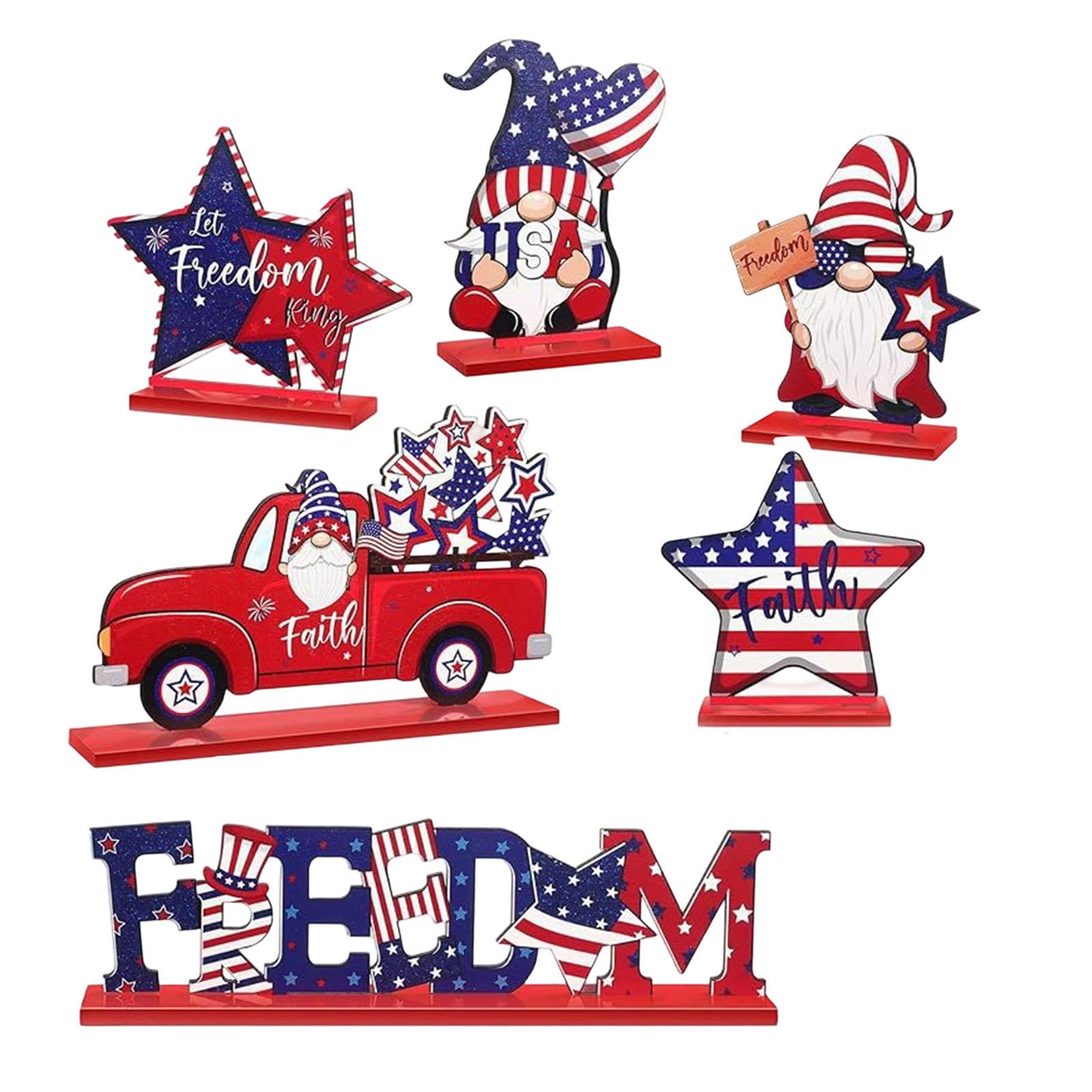 

Wooden Patriotic Gnome and Star Decorations Set USA Independence Day Tabletop Ornaments Rustic Truck and Freedom Lettering Display One Size