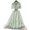 French high-end retro heavy industry embroidery waist short-sleeved dress women's summer thin temperament elegant long dress