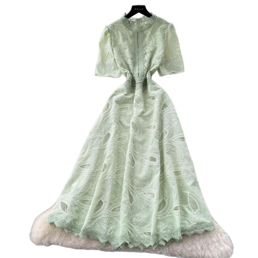 French high-end retro heavy industry embroidery waist short-sleeved dress women's summer thin temperament elegant long dress
