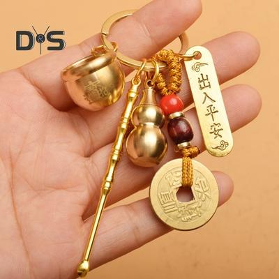 Vintage Lucky Gourd Keychain Pendant Solid Brass Coins Purse Keychain Charm Feng Shui Keyring Wealth-Attracting Key Holder