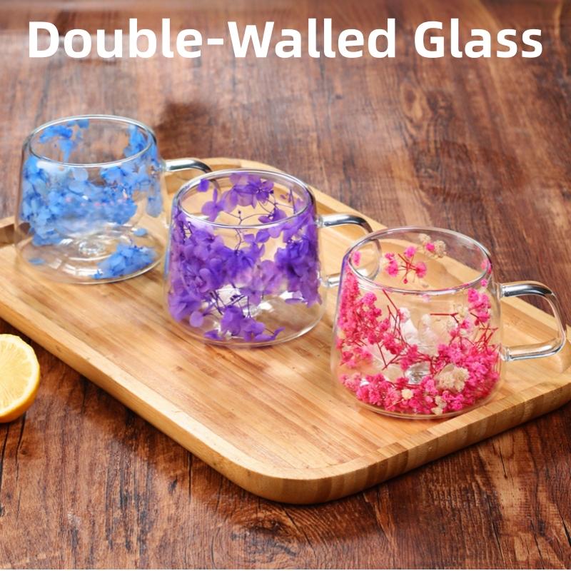 Double-Walled Glass Coffee Cup, Built-In Real Flower Design,Transparent Glass Coffee Cup for Hot & Cold Beverages, Tea, Latte