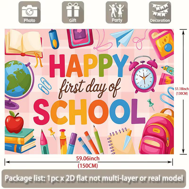 2D First Day of School Backdrop, Colorful School Supplies Photo Background