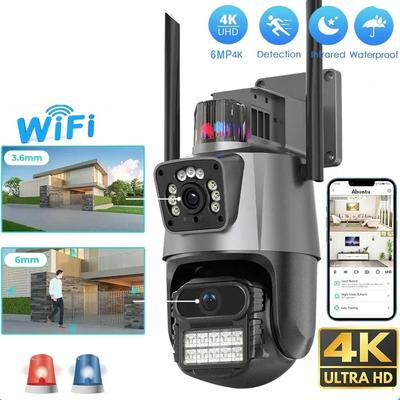 8MP 4K IP Camera Dual Lens Dual Screen PTZ Wifi Camera Outdoor Waterproof Security Video Surveillance Camera Police Light Alarm