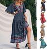 Damen Sommer Boho Maxikleid Ethnisch Patchwork A-Linie Druck V-Ausschnitt Kurze Ärmel Elastische Taille Faltenurlaub Strandkleid