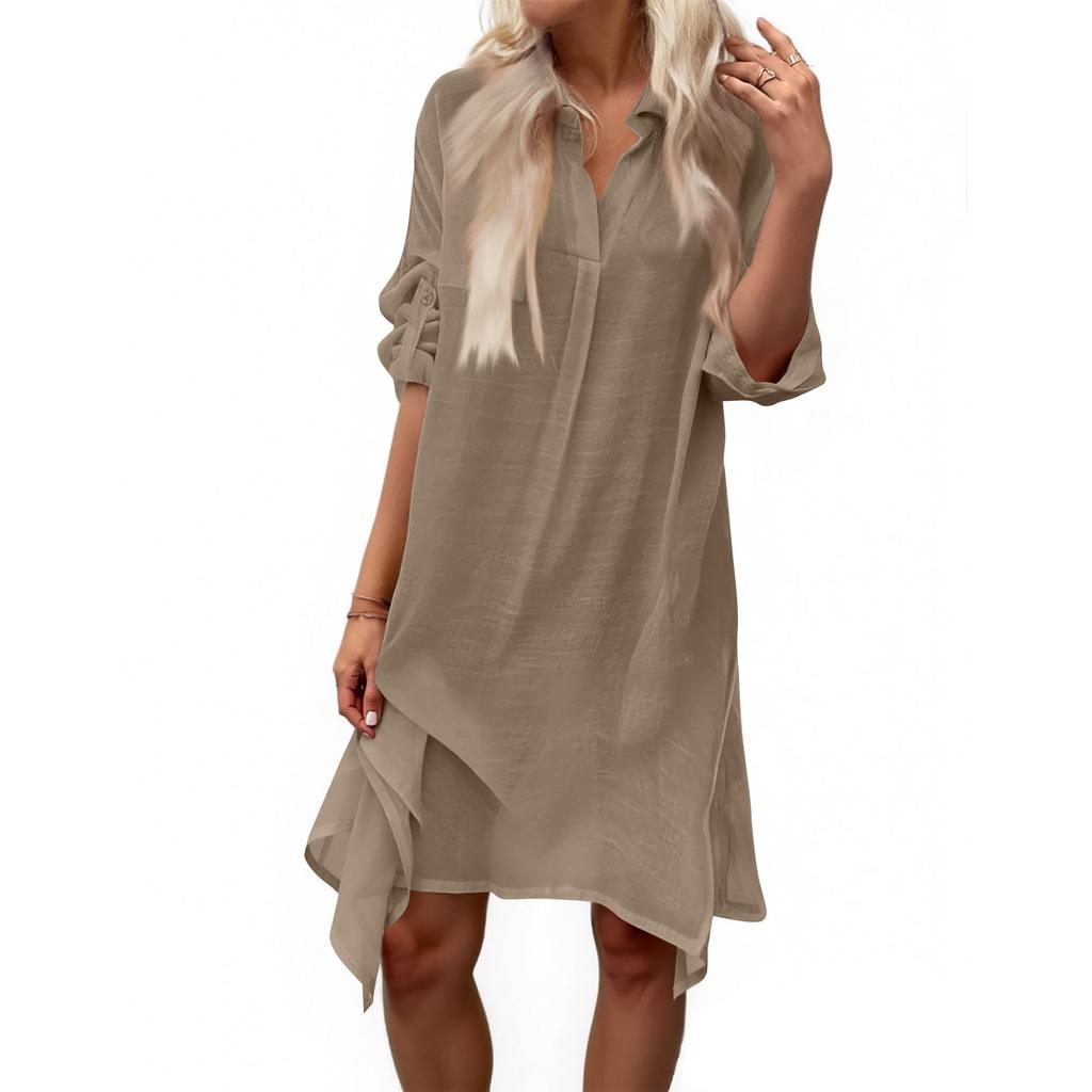 Women's Summer Solid Color Cotton And Linen V-Neck Long Sleeve Button Midi Dress