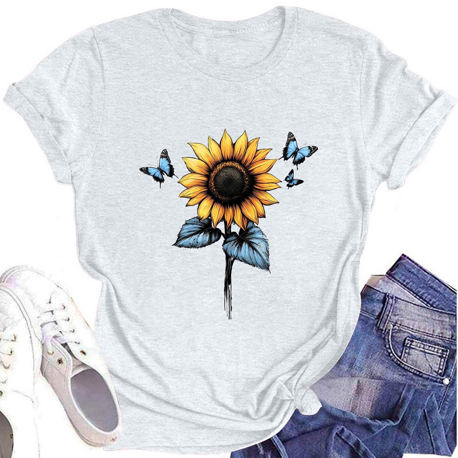 

Women s Fashion Round Neck Short Sleeve T-Shirt Sunflower Printed Casual Top XL білий