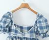French Summer Plaid Puff Dress with Bow Tie and Short Sleeves
