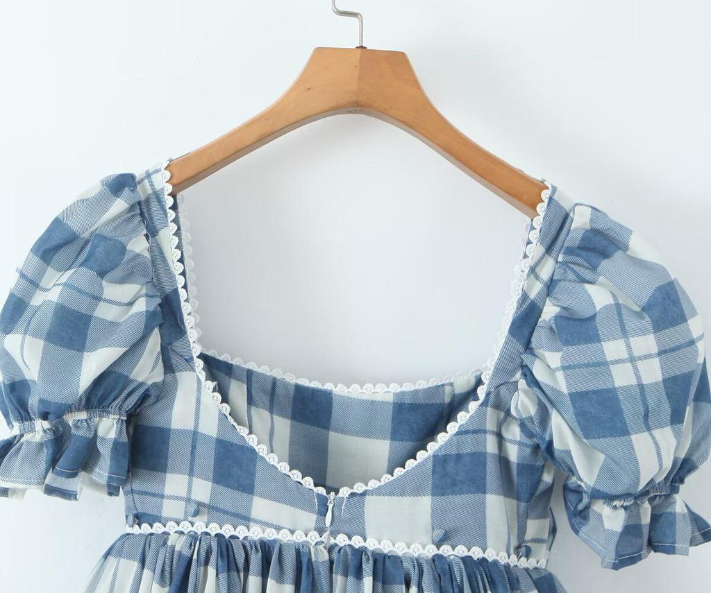 French Summer Plaid Puff Dress with Bow Tie and Short Sleeves