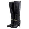 Yves Saint-Laurent Women's Black Leather Long Boots with Front Chain and Chunky Heel, Size 36 Shoes 36 blackUsed